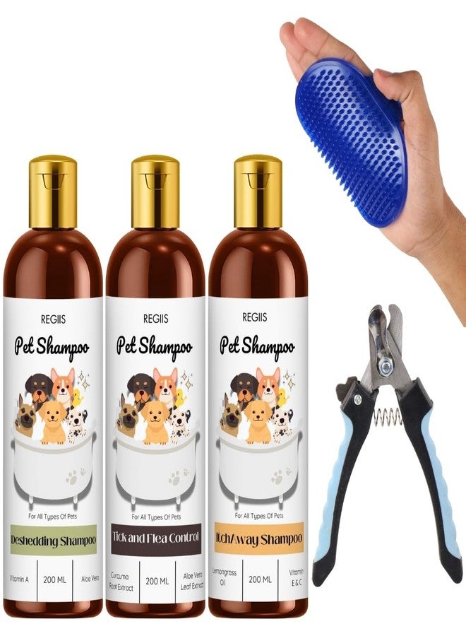 مجموعة ريجيس للعناية بالحيوانات الأليفة مع مجموعة شامبو للكلاب، 3 زجاجات سعة 200 مل، فرشاة إزالة الشعر الزائد، مقص أظافر، لجميع أنواع الحيوانات الأليفة، مكافحة القراد والبراغيث (عبوة من 5 قطع) - Image 1